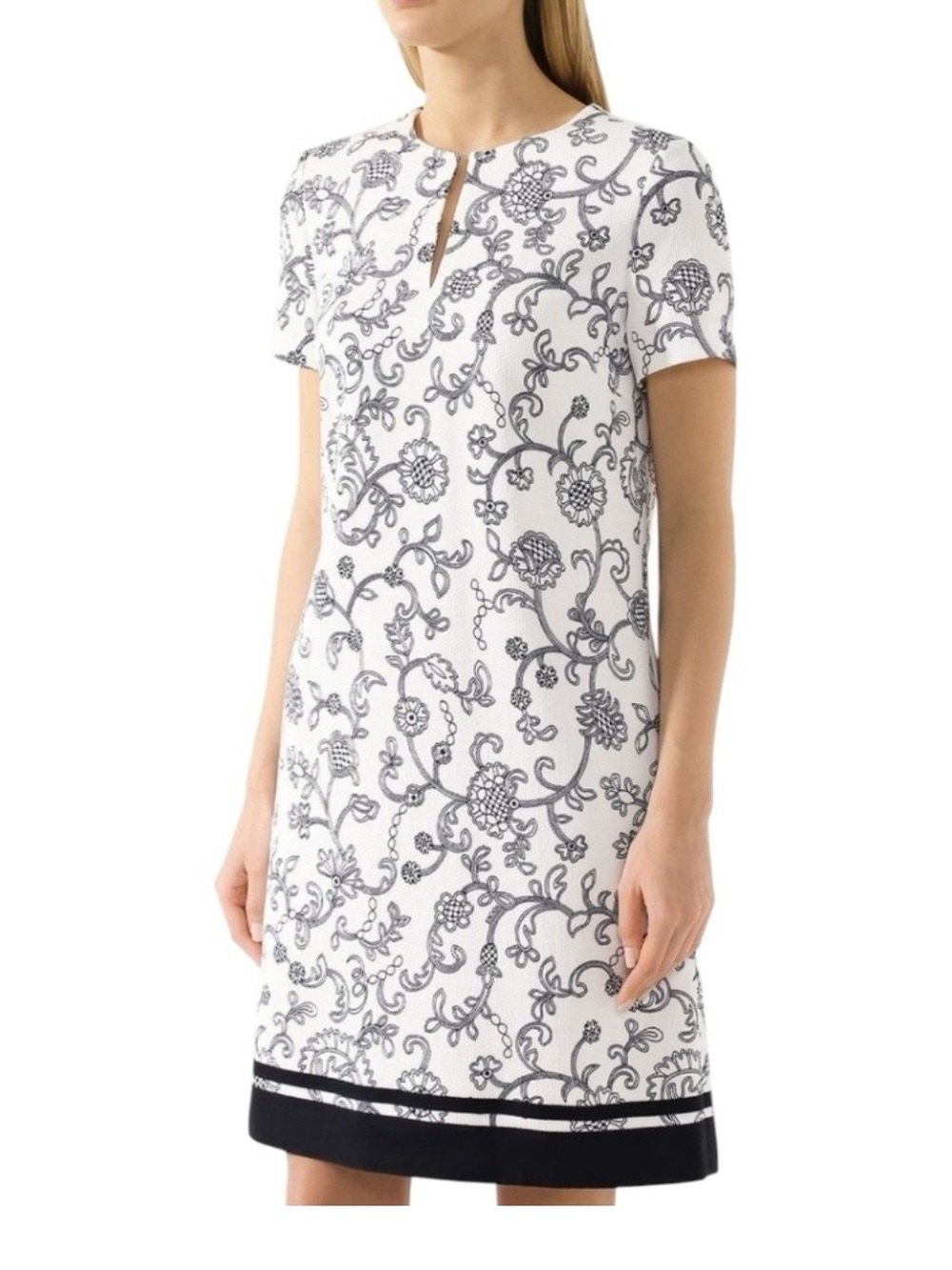 Escada White Midi Dress with Black Floral Scroll Print